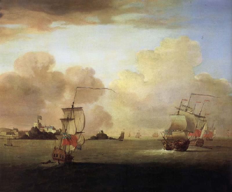 Monamy, Peter British men-o-war and a merchantman off Elizabeth Castle,Jersey oil painting image